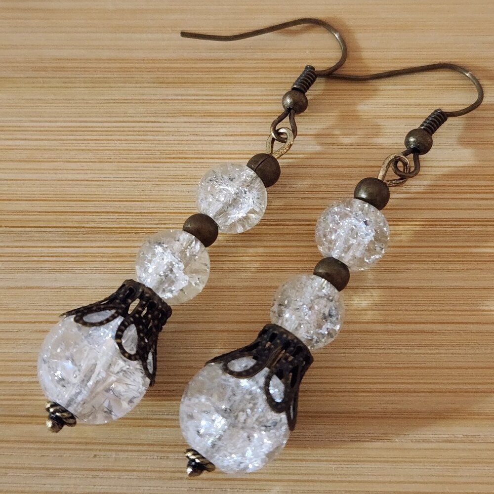 Hand Crafted Earrings Pierced Clear Bronze Beaded Dangle